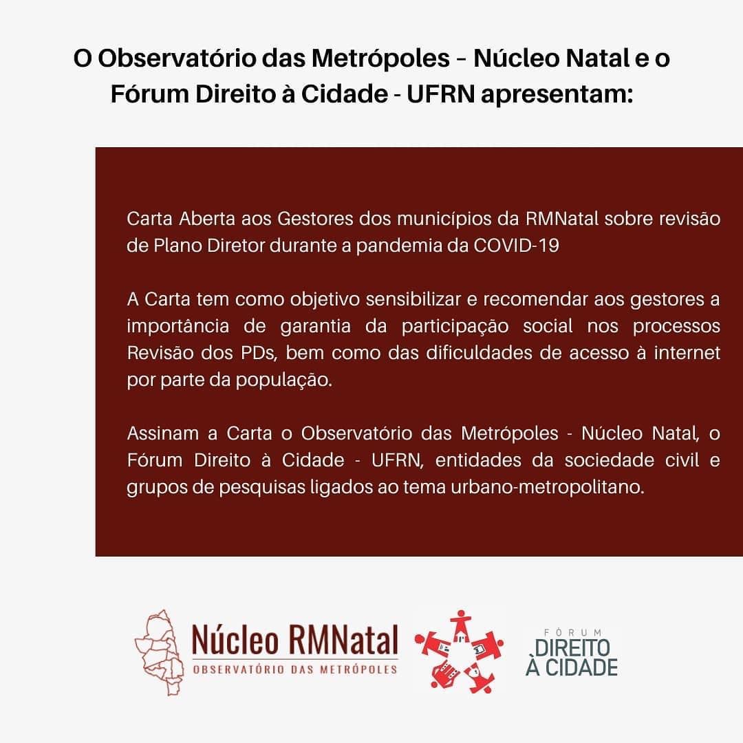 Núcleo Natal assina carta sobre a participação social virtual nos processos de revisão dos Planos Diretores - Observatório das Metrópoles Núcleo Natal assina carta sobre a participação social virtual nos processos de revisão dos Planos Diretores - Observatório das Metrópoles