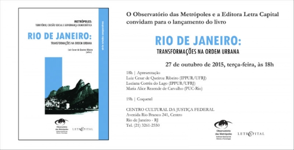 LANÇAMENTO: Rio de Janeiro: transformações na ordem urbana – 27 de outubro